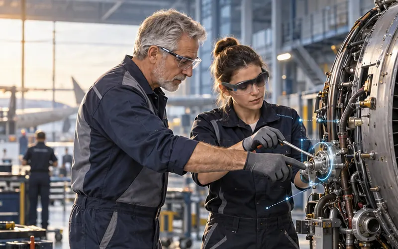 Un technicien expérimenté montre un geste de maintenance à une jeune technicienne, avec des repères lumineux de réalité augmentée.