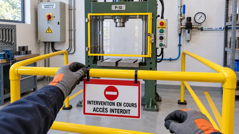 Des mains gantées accrochent une pancarte « Intervention en cours, accès interdit » devant une presse, avant d’intervenir.